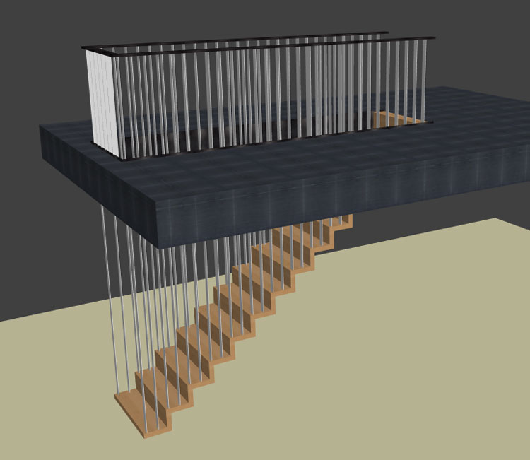 Vue 3D de l’escalier suspendu dans StairDesigner