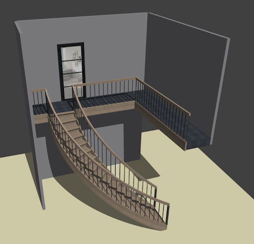 Vue 3D d’un escalier bois courbe en situation dans une pièce