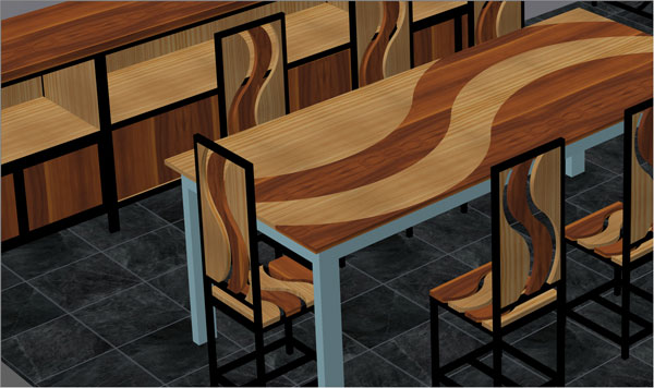 modèle 3d de salle à manger en métal et en bois réalisée avec la commande découpe en surface